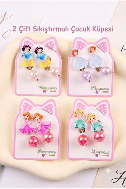 Princess Figured Mixed Color and Model Compression Bijouterie Girl's Earrings - 2 Pairs