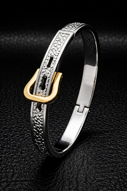 Women's Men's Steel Bracelet Double Color Belt Detailed Stone Patterned Handcuff Steel Bracelet