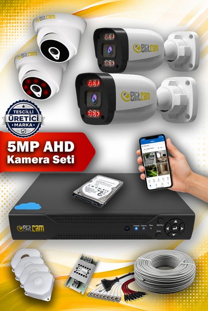 4 Kameralı Elit 2 İç Kamera Set 250 GB 5 MP 2K Net Gece Görüşlü Güvenlik Kamerası Sistemi