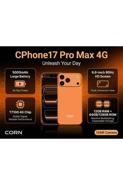 هاتف CPHONE 17PRO MAX، شاشة 6.6 بوصة، ذاكرة تخزين 128 جيجابايت + 12 GB (9+3 موسعة) جيجابايت رام، بطارية 5000 مللي أمبير (شريحتين) - برتقالي (ضمان لمدة سنتين).