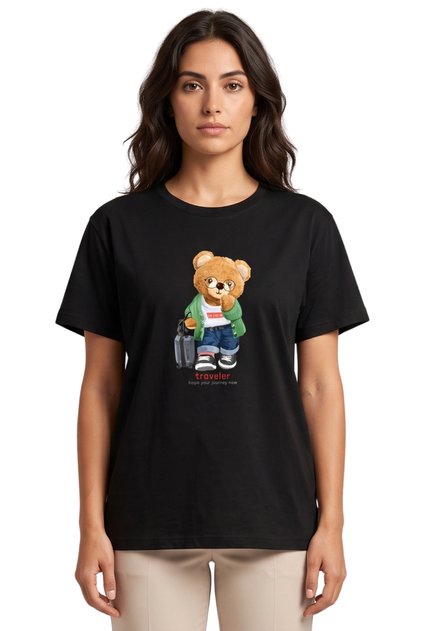 Bear with Glasses "Traveler" Printed Oversized Regular Fit Unisex T-Shirt