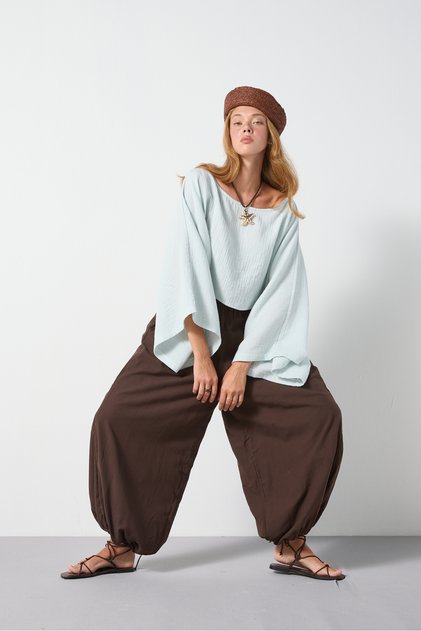 Pantaloni shalwar din voal căptușit cu talie elastică, maro 31179
