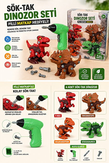 Toyaş Sök Tak 4'lü 14cm Dinozor Oyuncak Seti Vidalı Montajlı
