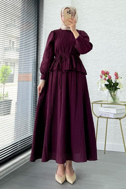 Ruffle Detailed Shirt and Gofre Skirt Two-Piece Set - Plum