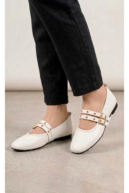 Women's Gold Buckle Double Belt Studded Stylish Casual Ballerinas White