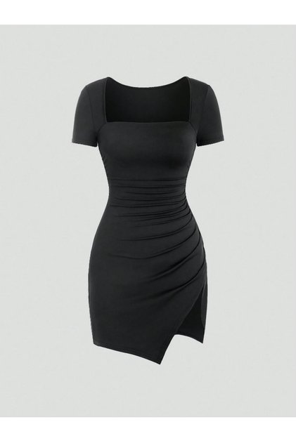Square Neck Asymmetrical Slit Mini Dress Soft Knitted - Do9823