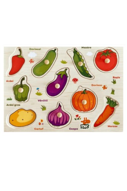 Puzzle din lemn cu incrustații în stil romanesc ® Joc educativ cu legume, 10 piese, 3 ani+