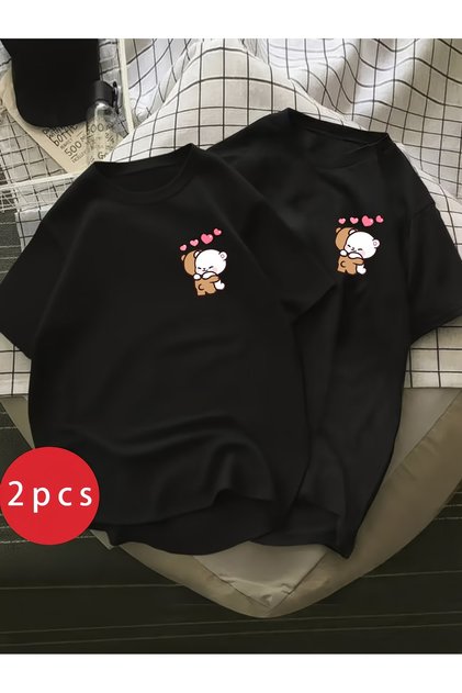 Dear Lover Combination T-Shirt Set of 2 Teddy Bear Printed Unisex Couple T-Shirt 100% Cotton