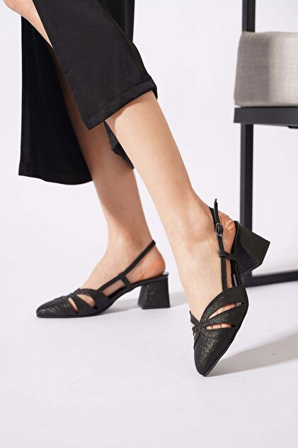 Rolgelan Women's Heeled Shoes with Back Strap, Black Glitter