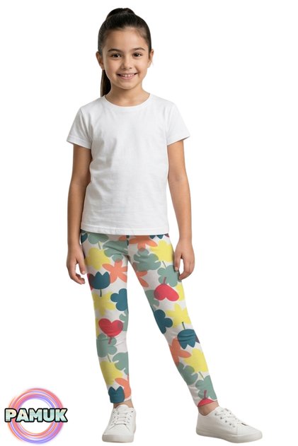 Patterned Children's Leggings - Colorful Leaf Patterned Girls' Leggings - Soft, Stretchy, Comfortable, Cotton, Anti-Sweat