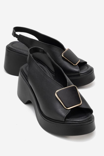 Sandale de damă din piele naturală cu toc cu pană 6364 NEGRU