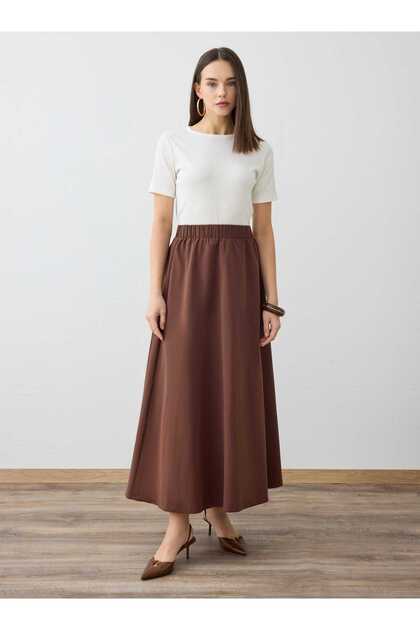Elastic Waist Bell Skirt - Brown -