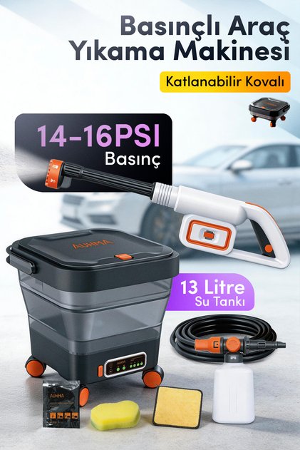 ACR-08 Şarjlı Basınçlı Araç Yıkama Makinesi Seti – 15L Katlanabilir Tekerlekli Kova, Kablosuz