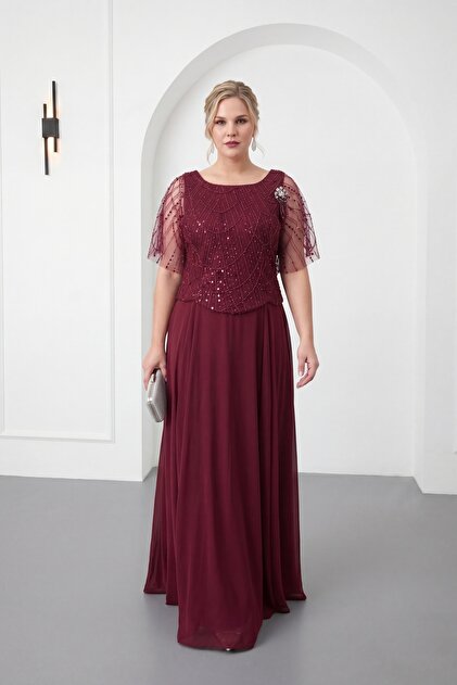 Lafaba Women's Burgundy Accessory Detail Plus Size Long Beaded Evening Dress-  Trendyol