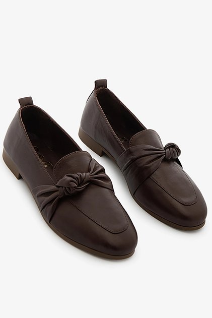 Brown Genuine Leather Women's Ballerinas with Knot Detail