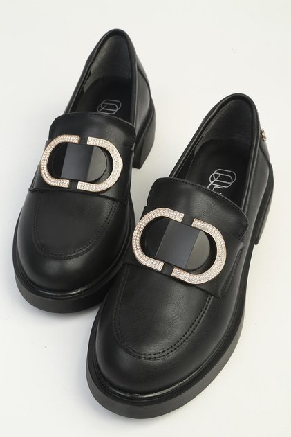Women's Black Buckle Loafer Shoes with Thick Soles