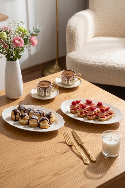4461 Gonca 2-Piece Porcelain Kayık Plate Set - Oval Breakfast Serving Set 25cm