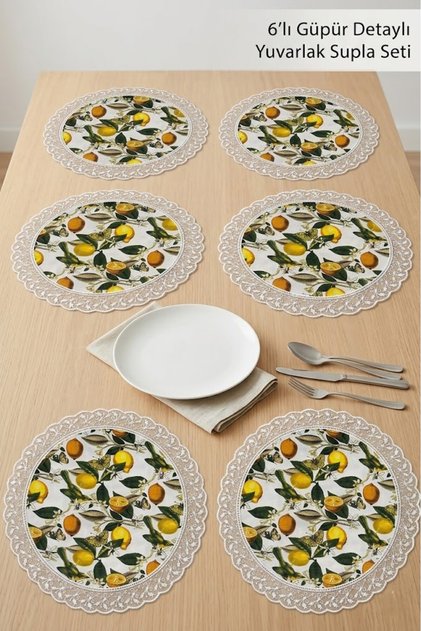 6-Piece Round Plate Set with Laced Lemon Pattern, Stylish American Style