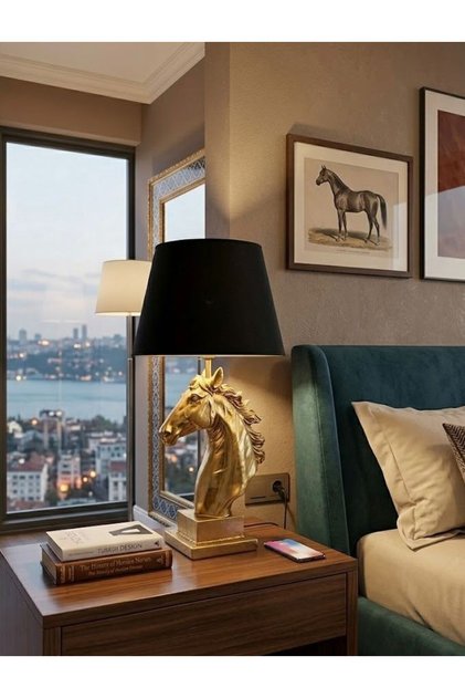 Modern At Abajur Siyah Gold Büst Abajur Heykel – Siyah Şapka Dekoratif Masa Lambası, Şık Salon &