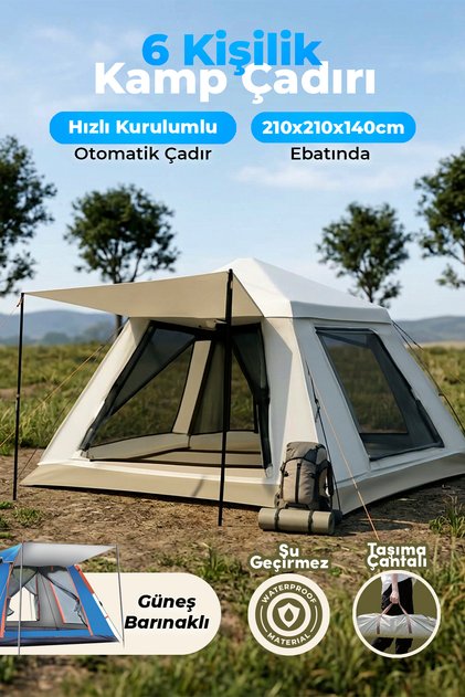 Outdoor AC6636 6 Kişilik Otomatik Kamp Çadırı Krem 210x210x140 cm | Su Geçirmez Oxford Kumaş |