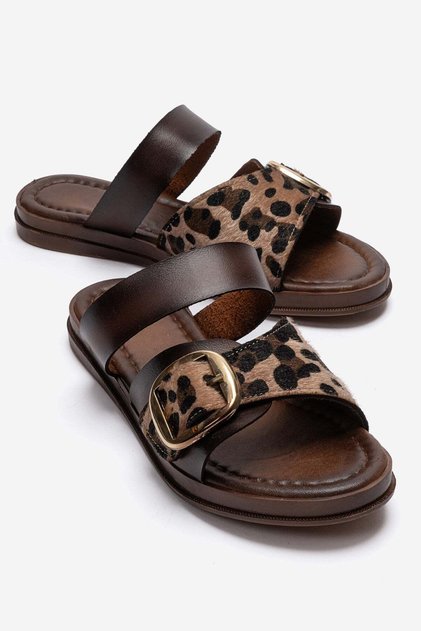 Women's Double Buckle Slippers; Taba Leopar