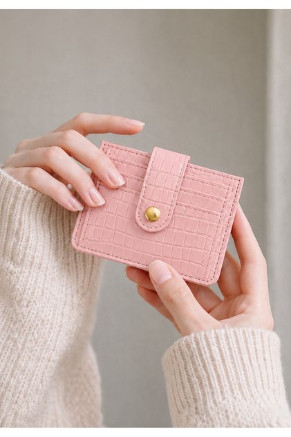 Kadın Pudra Kroko Desenli Çıtçıtlı Kartlık Cüzdan – Şık ve Minimal Tasarım
