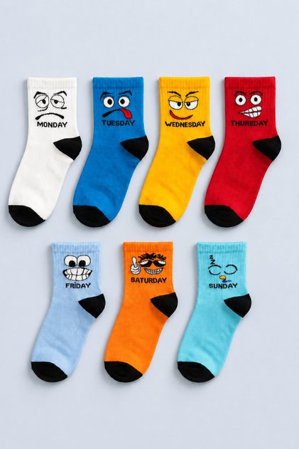 7 Pairs of Children's Colorful Weekly 7-Day Patterned Socks Set