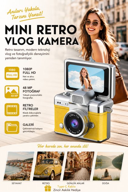 Mini Kamera Dönen Ekran Flaşlı Selfie Video Vlog Kamerası Anahtarlık 1080P+48MP