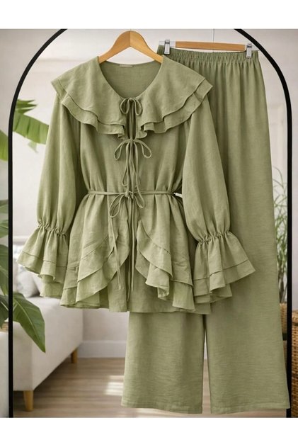Women's Collar Sleeve Detailed Waist Drawstring Trousers Set -0750