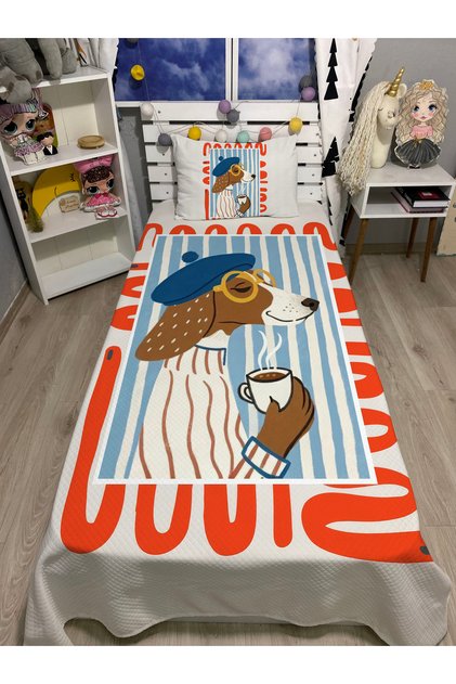 Energy of Summer Colors Fashion Pets Dog Patterned Baby Kids Single Pique and Pillowcase Bedspread Set