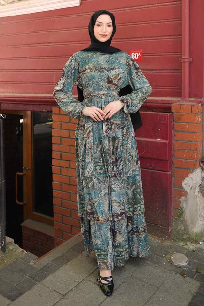 Green Skirted Patterned Chiffon Dress