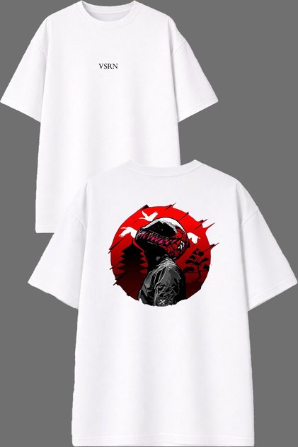 Round Neck Biker Birds Design Front and Back Printed White Oversize t Shirt