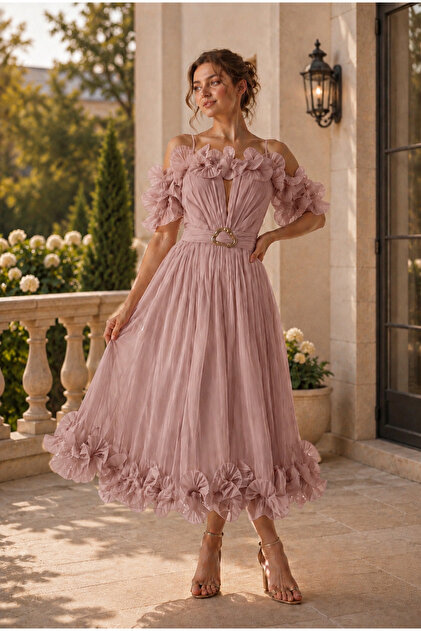 Divin store Dusty pink midi dress in satin veil with ruffles at the bust- Trendyol Divin store Dusty pink midi dress in satin veil with ruffles at the bust- Trendyol