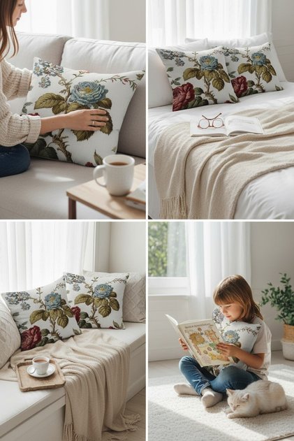 4 Pieces Digital Printed Punch Punch Embroidery Pattern Square Throw Pillow Cover