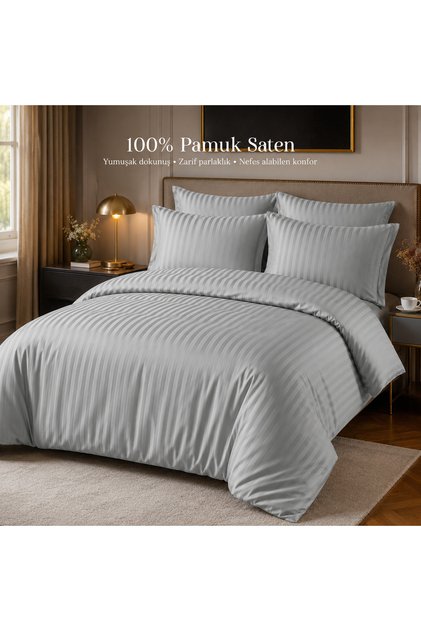 100% Cotton Satin Striped Double Duvet Cover Set - Gray