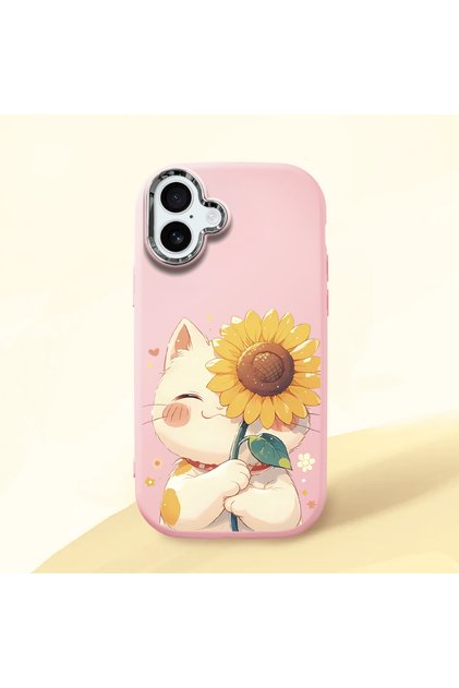 iPhone 16 Plus Compatible Case with Camera Protector Pink Silicone Couple Phone Case with Cat Pattern