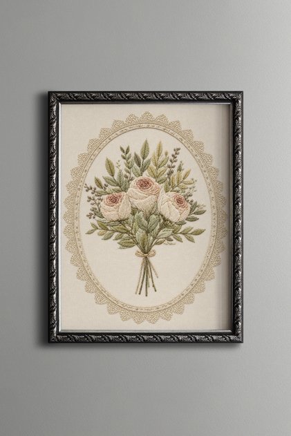 Embroidery-Look Pastel Roses - Vintage Patterned Frame - Thin Model