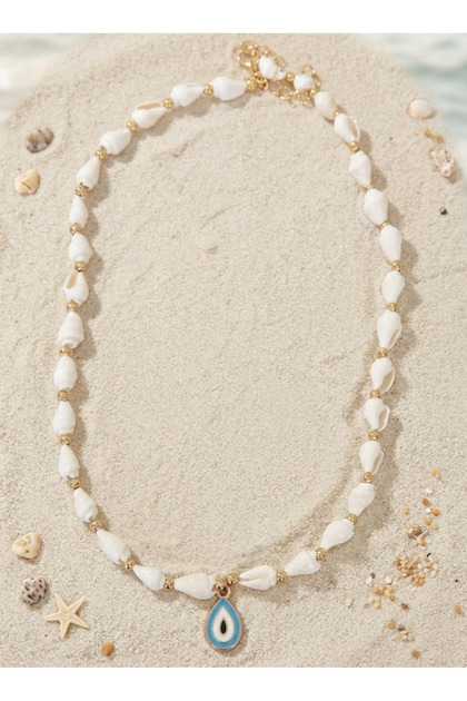 Damla Nazar Beaded Seashell Necklace – Coastal Chic, Boho Summer Jewelry, Beach Aesthetic