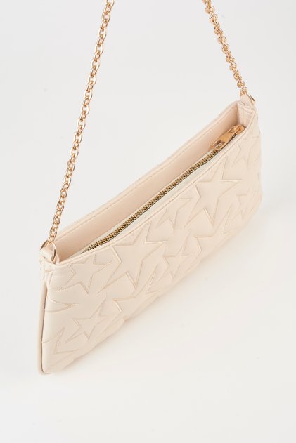 Women's Dalya Cream Star Embroidered Lined Zipper Closure Baguette Hand and Shoulder Bag
