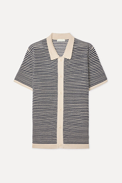 Men's Ecru Striped Polo Collar Short Sleeve Knit Sweater