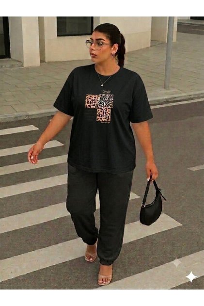 Unisex Oversize T-Shirt Tracksuit Leopard & Zebra Patterned Printed Casual Combination