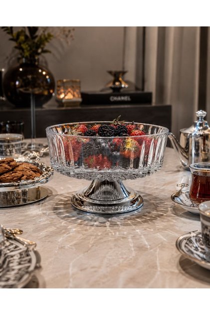 Silver Footed Vertical Striped Crystal Bowl 25 cm
