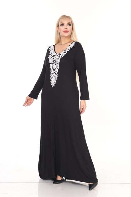 Women's Plus Size Black, White Lace Collar Viscose Combed Cotton Stylish Dress