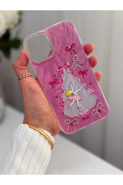iPhone 11 Kılıf Parlak Taşlı İşlemeli Ebru Desenli Kamera Yükseltili Pink Reverie Balerin