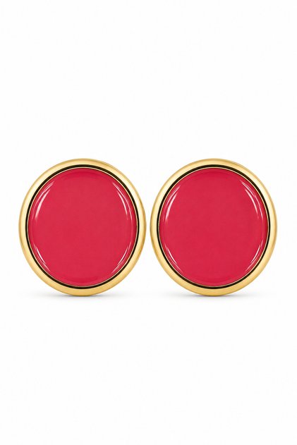 Yellow Plated Steel Enameled Fuchsia Pink Round Women's Earrings