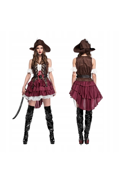 Costum, Korbi, Pirat Elegant, Aspect Autentic, Set Complet, Eleganta Si Confort, Bluza Lungime Totala 52 cm, Fusta Lungime Totala 60 cm, Latimea Taliei 31-45 cm, Burgundy, Maro, Alb