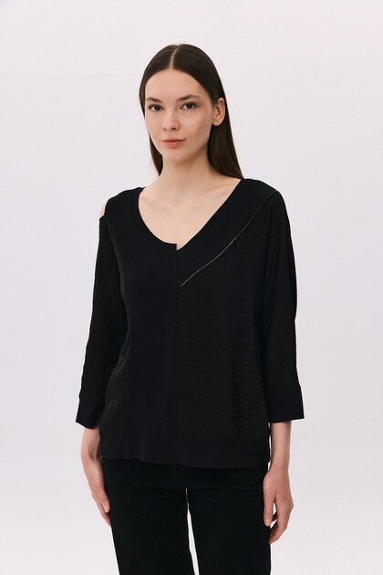 Deep V-Neck, Shoulder Detail, Stone Embellished, Three-Quarter Sleeves