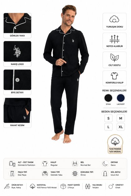Men's Classic Pajama Set Cotton Modal Blend Buttoned Suit