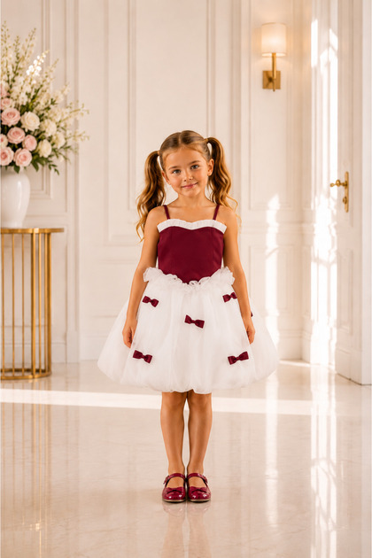 Shedress Burgundy and White Bow Tutu Girls' Dress - Special Design and Puffy Skirt
