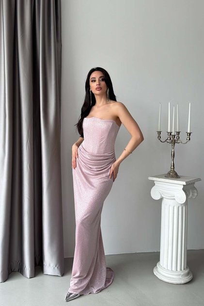 Powder Strapless Glittery Draped Long Evening Dress